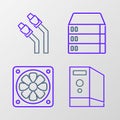 Set line Case of computer, Computer cooler, Server, Data, Web Hosting and LAN cable network internet icon. Vector