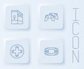 Set line Case of computer, Game controller or joystick, and Portable video game console. White square button. Vector Royalty Free Stock Photo