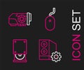 Set line Case of computer, Optical disc drive, Computer mouse and Video graphic card icon. Vector