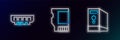Set line Case of computer, RAM, random access memory and SD card icon. Glowing neon. Vector