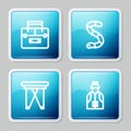 Set line Case container for wobbler, Worm, Folding chair and Fisherman icon. Vector