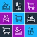 Set line Cashier at cash register, Shopping cart and Whiskey bottle icon. Vector