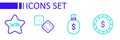 Set line Casino chip with dollar, Money bag, Game dice and win icon. Vector