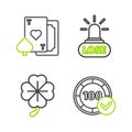 Set line Casino chips, Four leaf clover, losing and Playing card with heart icon. Vector