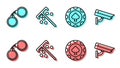 Set line Casino chips, Handcuffs, Stick for chips and Security camera icon. Vector Royalty Free Stock Photo