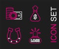 Set line Casino losing, Horseshoe, Money bag and chips and stacks money cash icon. Vector