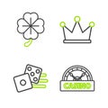 Set line Casino signboard, Game dice, Crown and Four leaf clover icon. Vector