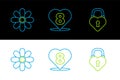 Set line Castle in the shape of a heart, Flower and Heart with 8 March icon. Vector