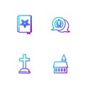 Set line Castle, Tombstone with cross, Ancient magic book and Pumpkin. Gradient color icons. Vector