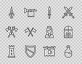 Set line Castle tower, Old bottle of wine, Medieval sword, Shield, Dagger, Crossed medieval flag, Street signboard with