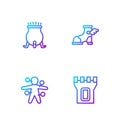 Set line Castle tower, Voodoo doll, Witch cauldron and Hermes sandal. Gradient color icons. Vector