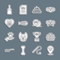Set line Cat nose, Pet carry case, tooth, Shit, Fish skeleton, Heart with cat, Dustpan and Paw print icon. Vector