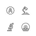 Set line CD or DVD disk, Microscope, Exam sheet with A plus grade and Table lamp icon. Vector Royalty Free Stock Photo