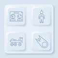 Set line Celestial map of the night sky, Astronaut, Mars rover and Comet falling down fast. White square button. Vector