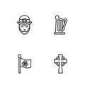 Set line Celtic cross, Ireland flag with clover, Leprechaun and Harp icon. Vector Royalty Free Stock Photo