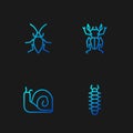 Set line Centipede, Snail, Cockroach and Beetle deer. Gradient color icons. Vector