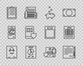 Set line Certificate template, Piggy bank coin, Document graph chart, Clipboard checklist, Smartphone insurance, Medical