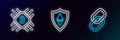 Set line Chain link, CPU mining farm and Shield Ethereum ETH icon. Glowing neon. Vector