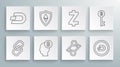 Set line Chain link, Shield Ethereum ETH, Bitcoin think, Cryptocurrency key, Dash, Zcash ZEC, and icon. Vector