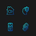 Set line Chain link, Smartphone, home and Head with shield. Gradient color icons. Vector