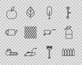 Set line Chainsaw, Garden fence wooden, Tree, Lawn mower, Apple, rake and sprayer icon. Vector