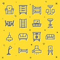 Set line Chair, Sofa, Bunk bed, Wardrobe, Table with chair, Armchair and TV table stand icon. Vector Royalty Free Stock Photo