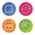 Set line Chalkboard with diagram, Calculator, Equation solution and Paper clip. Color circle button. Vector