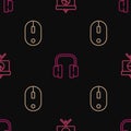 Set line Chalkboard with diagram, Computer mouse and Headphones on seamless pattern. Vector