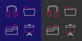 Set line Chalkboard with diagram, Document folder, and Headphones icon. Vector