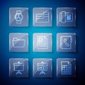 Set line Chalkboard with diagram, File document, Telephone, Resume, Document folder, Wrist watch and Address book icon