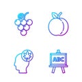 Set line Chalkboard, Human head with leaf, Grape fruit and Peach fruit. Gradient color icons. Vector