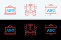 Set line Chalkboard, and School Bus icon. Vector