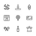 Set line Champagne bottle, Envelope, Angel, Lollipop, Christmas toy, Candy, Burning candle and day calendar icon. Vector