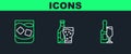 Set line Champagne bottle and glass, Glass of whiskey and Beer icon. Vector