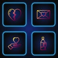 Set line Champagne bottle, Heart in hand, Broken heart and Envelope with Valentine. Gradient color icons. Vector Royalty Free Stock Photo