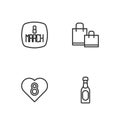 Set line Champagne bottle, Heart with 8 March, and Paper shopping bag icon. Vector