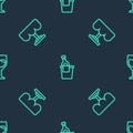 Set line Champagne in an ice bucket, Wooden table and Wine glass on seamless pattern. Vector Royalty Free Stock Photo