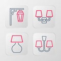 Set line Chandelier, Table lamp, Wall or sconce and Vintage street light icon. Vector