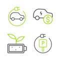 Set line Charging parking electric car, Eco nature leaf battery, Electric price and icon. Vector Royalty Free Stock Photo