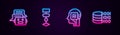 Set line Chat bot, Algorithm, Humanoid robot and Binary code. Glowing neon icon. Vector Royalty Free Stock Photo
