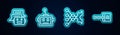 Set line Chat bot, Artificial intelligence robot, Neural network and Binary code. Glowing neon icon. Vector Royalty Free Stock Photo