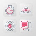 Set line Chat, Gear with dollar symbol, Gold bars and Stopwatch icon. Vector Royalty Free Stock Photo