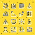 Set line Chat messages on laptop, Worker, Browser files, Calendar, Stair with finish flag, Ranking star, Project team
