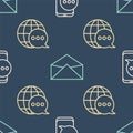 Set line Chat messages notification on phone, World map made from speech bubble and Envelope on seamless pattern. Vector Royalty Free Stock Photo