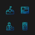 Set line Chat messages on phone, Businessman, Mountains with flag and laptop. Gradient color icons. Vector