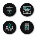 Set line Chat messages on phone, People with lamp bulb, Training, presentation and Chalkboard icon. Vector