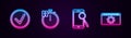 Set line Check mark in circle, Stopwatch, Mobile phone diagnostics and Setting. Glowing neon icon. Vector Royalty Free Stock Photo