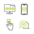 Set line Check mark in speech bubble, Fingerprint, Smartphone and Folder with password icon. Vector Royalty Free Stock Photo