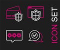 Set line Check mark in speech bubble, Password protection, Browser with shield and Credit card icon. Vector Royalty Free Stock Photo
