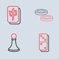 Set line Checker game chips, Chess pawn, Domino and Mahjong pieces icon. Vector